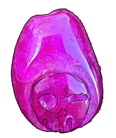 a pink gem cut into the shape of a rosebud with a skull on top