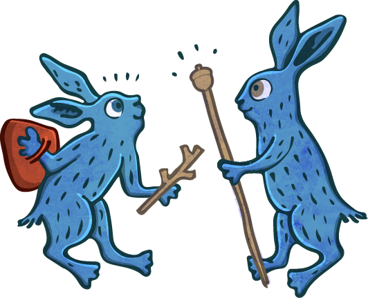 and illustration in the style of marginalia of two blue rabbits. one holds a shield and stick and the other holds a staff with an acorn