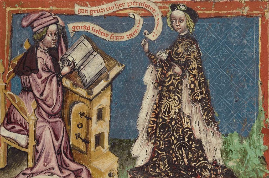 A Scribe and a Woman, by Rudolf von Ems, c. 1400. The J. Paul Getty Museum, Los Angeles. Digital image courtesy the Getty’s Open Content Program.