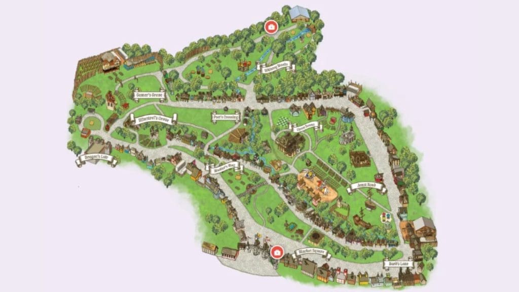 An illustrated festival grounds map marking two first aid stations (red first aid kit icons) — one near the north entrance and one in Whimsey Woods. 