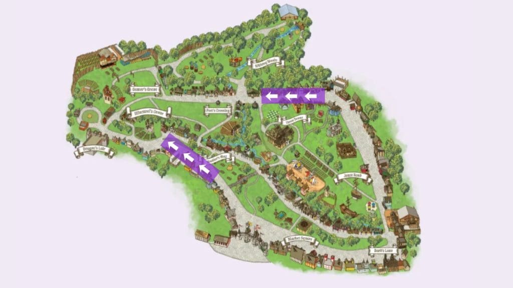  The illustrated festival map flagging two steep hill sections with purple banners and white directional arrows.