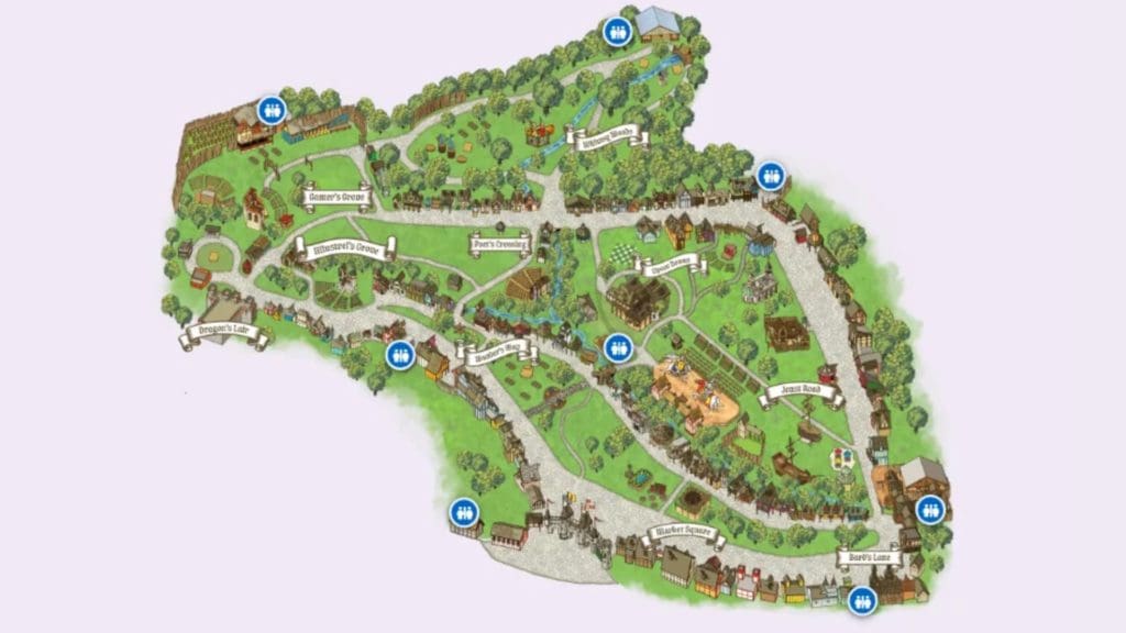 he illustrated festival map marking restroom locations with 8 blue restroom icons distributed across the grounds.
