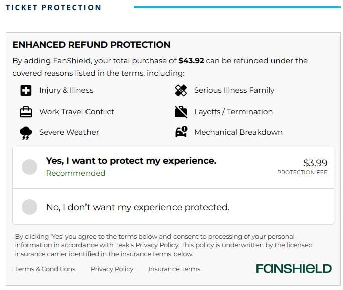 A screenshot of the "Enhanced Refund Protection" ticket add-on (FanShield), letting buyers add refund coverage for injury/illness, family illness, work travel conflict, layoffs, severe weather, and mechanical breakdown.